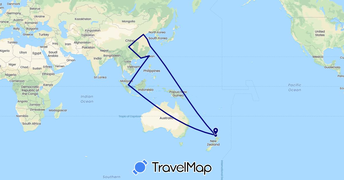 TravelMap itinerary: driving in China, Malaysia, New Zealand, Singapore, Taiwan (Asia, Oceania)